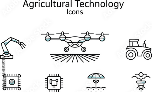 Agricultural technology icons featuring drone, tractor, robot arm, and microchip designs