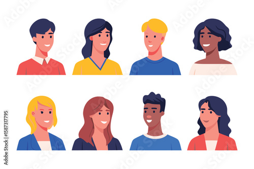 Diverse Faces: A collection of eight diverse portrait illustrations, each smiling, projecting warmth, and embodying positive human connection.