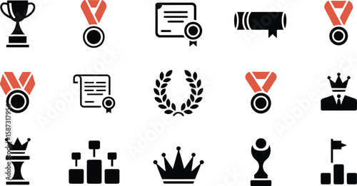 A collection of awards and achievements icons including trophies medals and crowns