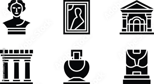 A collection of six black museum icons on a light gray background in a grid layout