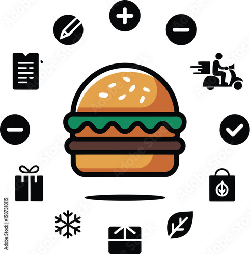 Burger surrounded by icons representing ordering options and related services