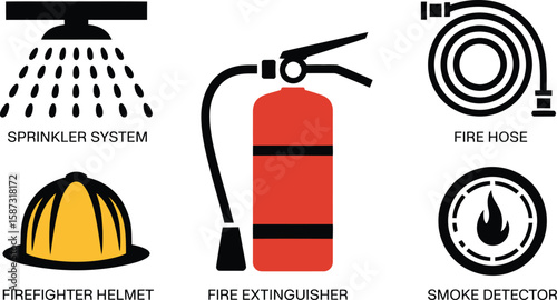 Icons depicting fire safety equipment including extinguisher hose and sprinkler system