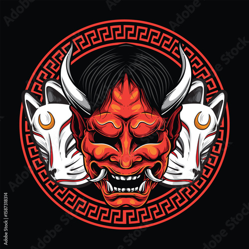 japanese oni mask and kitsune mask illustration
