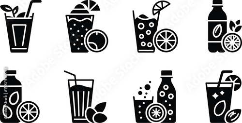 Collection of black and white icons representing various drinks with citrus fruits