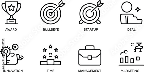 A set of eight business icons representing award, bullseye, startup and more icons