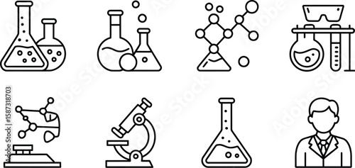 A collection of science themed line art icons including beakers and a microscope