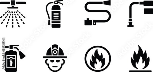 A collection of black and white icons representing fire safety and firefighting gear