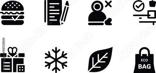 Eight black and white icons arranged in a grid pattern on a white background view