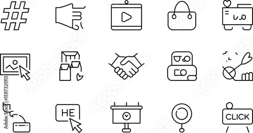 Collection of various line art icons depicting business and social media symbols