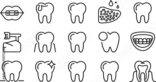 Various dental care related icons including teeth, braces, and cleaning equipment