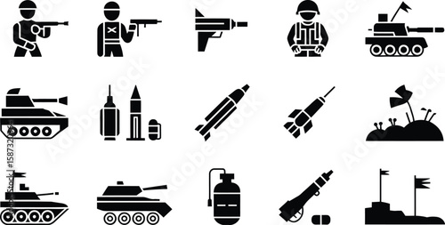 A set of black and white icons depicting military equipment and personnel in war zone