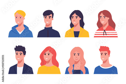 Diverse Avatar Set: Collection of eight diverse, happy avatars representing different ethnicities and hairstyles, ideal for website profiles or social media.