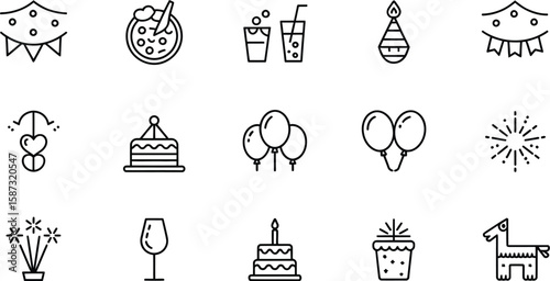 A collection of party icons including cake balloons and decorations in outline style