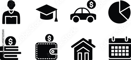 A set of eight black glyph icons representing education finance and time management
