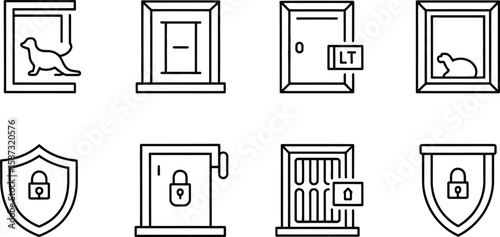 Eight line art icons depicting doors, shields and animals in frames on white background