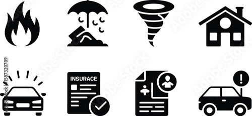Illustration of insurance icons depicting fire, flood, tornado, house, and car risks