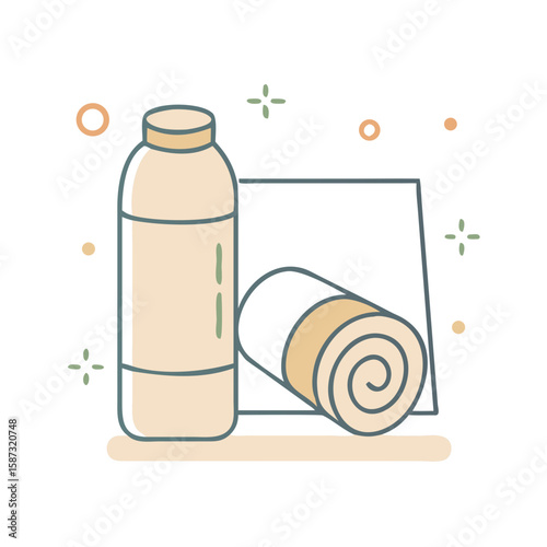 Water bottle placed next to rolled yoga mat, illustrated in clean flat style on white background, symbolizes wellness routine, mindful movement, and the concept of hydration and preparation in yoga or