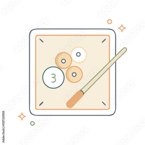 Billiard table top with numbered balls and wooden cue, drawn in soft flat style on white background, symbolizes indoor leisure, precision gameplay, and the concept of focused shot strategy in cue spor