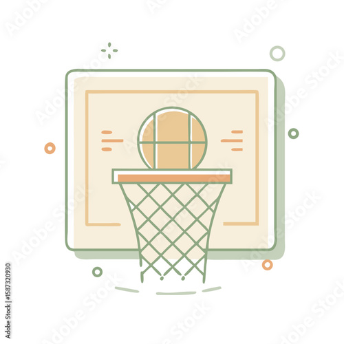 Basketball hoop with net attached to rectangular backboard, drawn in clean flat style on white background, symbolizes team play, scoring precision, and the concept of competitive indoor or outdoor bas