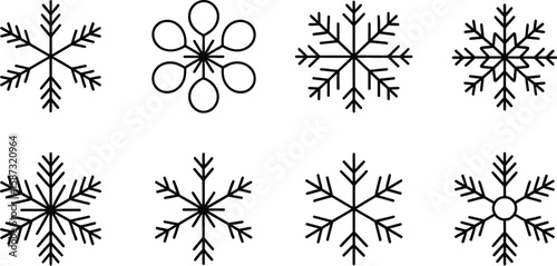A collection of eight unique snowflake designs in black outline on white background