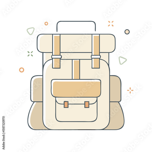Large hiking backpack with multiple compartments and external straps, illustrated in flat minimal style on white background, symbolizes long-distance travel, self-reliant packing, and the concept of o
