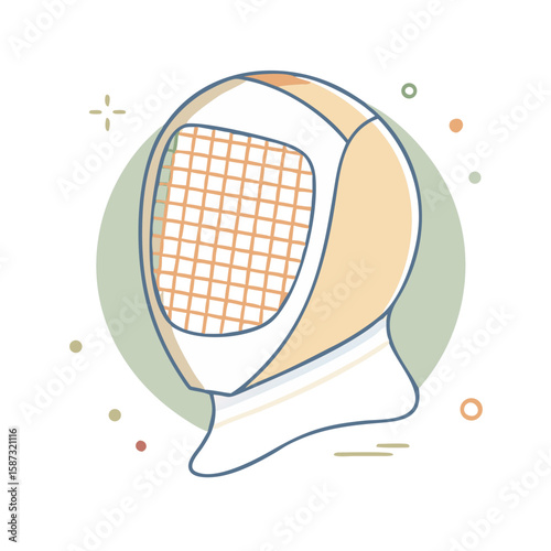 Fencing mask with mesh front and padded design, illustrated in minimalist flat style on white background, symbolizes safety in competitive fencing, individual skill, and the concept of precision and r