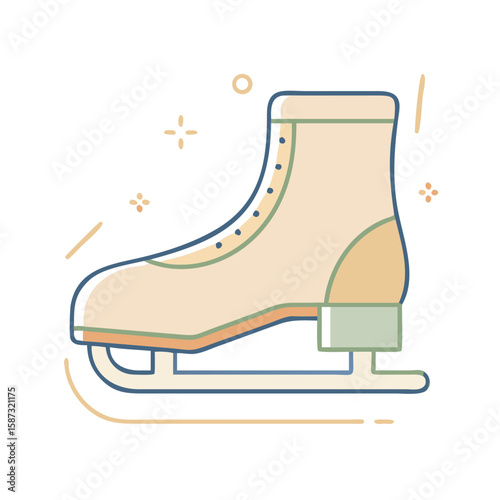 Single figure skating boot with tall shaft and curved blade, illustrated in clean soft flat style on white background, represents grace, balance, and the concept of artistic performance in winter spor