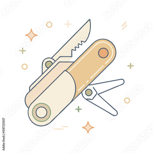 Folding multitool knife with multiple extended tools, illustrated in minimal flat style on white background, symbolizes versatility, outdoor readiness, and the concept of compact gear for camping or t