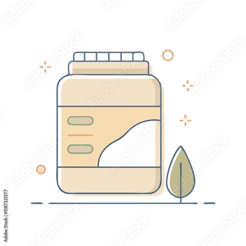 Container of protein powder with leaf symbol beside it, presented in minimal flat style on white background, represents nutritional supplements, fitness diet, and the concept of health and muscle reco
