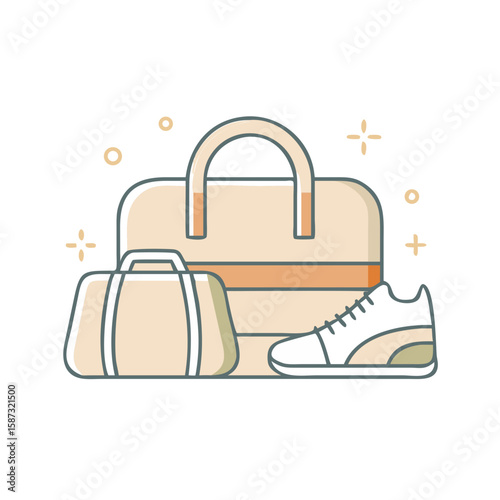 Set of gym essentials including bags and sports shoe, drawn in clean soft-toned flat style on white background, represents physical activity, preparation, and the concept of lifestyle centered on exer