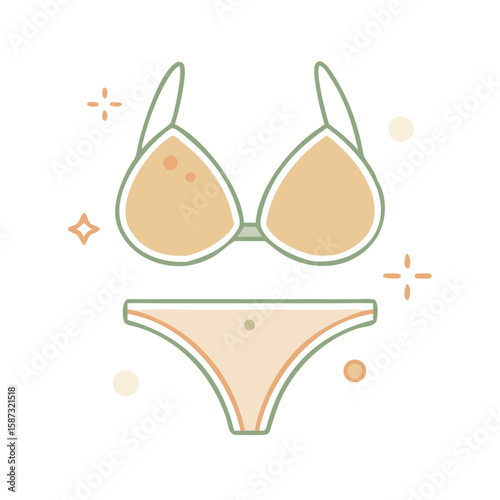 Two-piece bikini swimsuit with triangular top and bottom, illustrated in minimal soft-toned flat style on white background, symbolizes summer vacation, swimwear fashion, and the concept of beach leisu