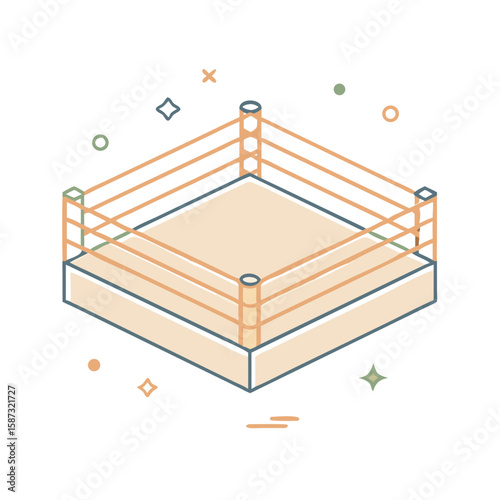 Boxing ring with four corner posts and ropes, illustrated in clean soft-colored flat style on white background, symbolizes combat sports, competition, and the concept of strength, training, and athlet