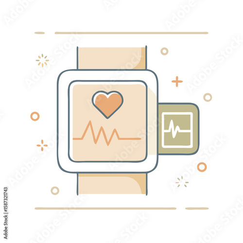 Smartwatch with heart rate sensor and ECG line display, drawn in soft modern flat style on white background, represents health tracking, wearable tech, and the concept of fitness monitoring and digita