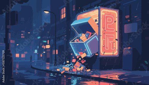Neon sign and treasure chest spilling gifts in a rainy urban cityscape illustration
