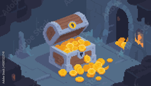 Pixelated illustration of an open treasure chest overflowing with golden coins