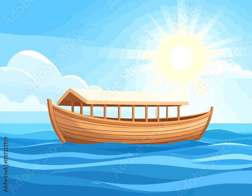 Wooden boat sailing on the ocean under a bright sun with blue sky and clouds
