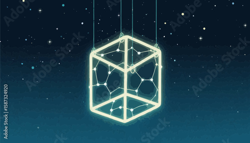 Illuminated geometric cube suspended against a starry night sky illustration