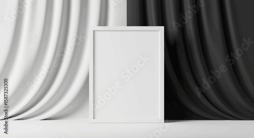 Minimalist white frame mockup leaning against black and white draped fabric backdrop