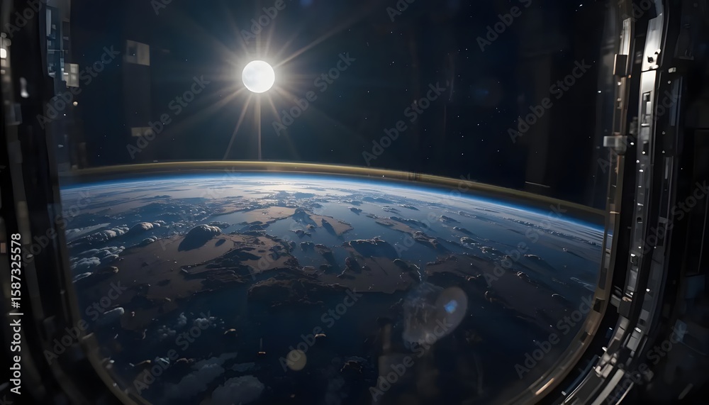Fototapeta premium Earth View from Space with Sun and Night Sky in Bright Natural Light