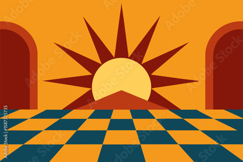 spanish hacienda floor with sunburst tiles