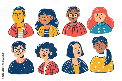 Diverse Portraits: A collection of vibrant, illustrated faces showcase an inclusive representation of individuality and expression. Each character embodies a unique persona.