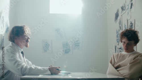 Young male patient in restraint gown sitting across from psychiatrist talking to him during mental health therapy session in sunlit hospital ward with abstract drawings on wall