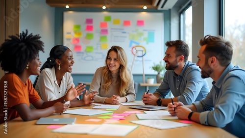 group of business people working together, group of business people working in a meeting, A lively creative and diverse team of five individual discus the business and on the backside on white board 