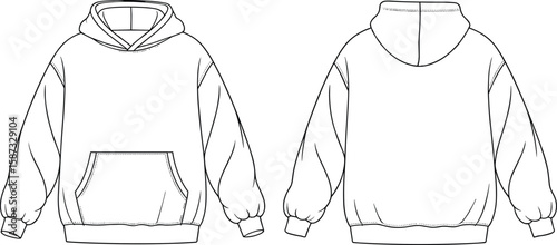 Loose fit hoodie technical sketch, fashion flat drawing, front and back template, oversized sweatshirt vector, blank pullover design mockup