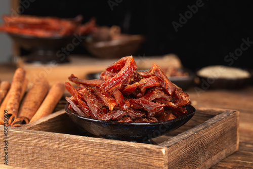 Beef strips, finely chopped beef jerky