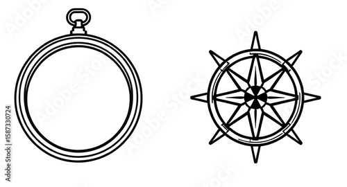 compass, line art, minimal, outline, navigation, direction, north, south, east, west, needle, geometric, symbol, simple design, contour drawing, thin lines, black and white, map icon, linear style, co
