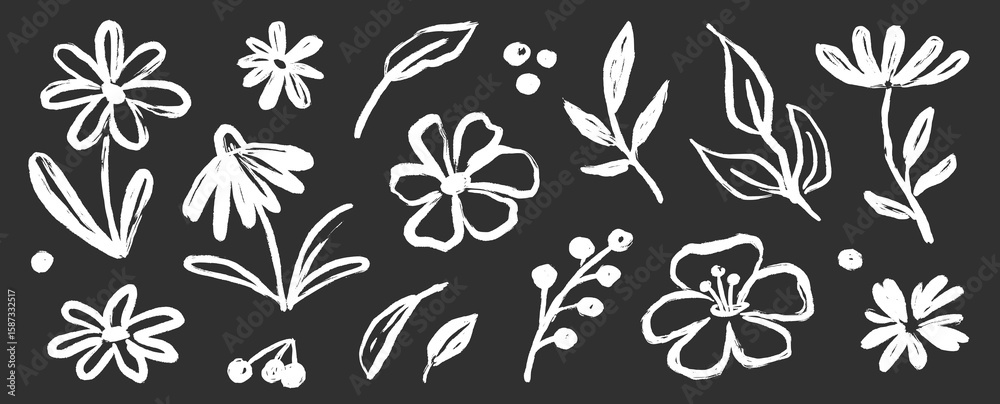 Fototapeta premium Flower brush paint stroke set. Hand drawn floral flower, leaf graffiti elements in brush paint silhouette set. Vector black ink stroke doodle floral texture sketch spring pattern. Vector illustration