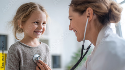 Pediatrician Examining Smiling Child with Stethoscope in Bright Pediatric Clinic, Children’s Health Checkup and Medical Care Concept