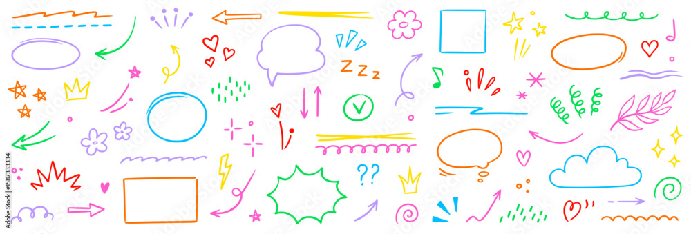 Line arrow icon element set. Hand drawn sketch star, heart marker pen stroke circle, scribble highlight underline elements. Colorful brush emphasis pencil swoosh, flower set. Vector illustration