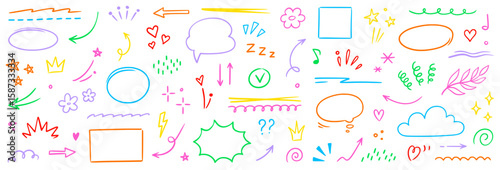 Line arrow icon element set. Hand drawn sketch star, heart marker pen stroke circle, scribble highlight underline elements. Colorful brush emphasis pencil swoosh, flower set. Vector illustration